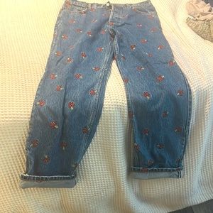 Cute high rise  stretch jeans with mushroom print  size 30.